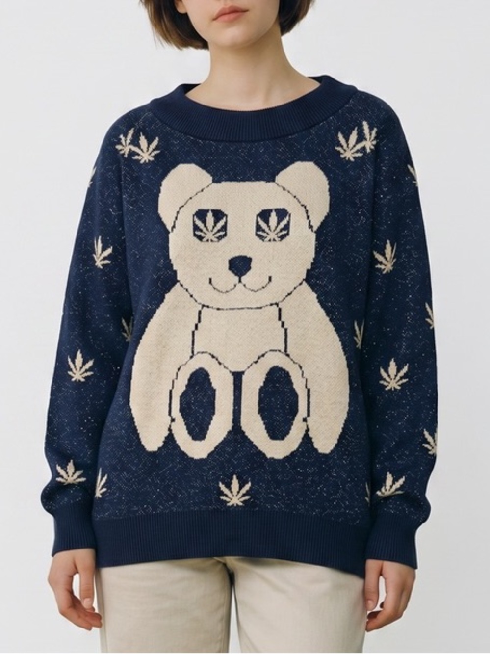 Urban Outfitters Teddy Bear Leaf Oversized Baggy Sweater Navy Blue Cream Small